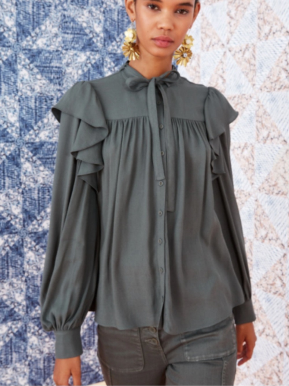 Ulla Johnson Tabitha Blouse Tie-Neck Ruffle Button-Front Blouse - Slate Green